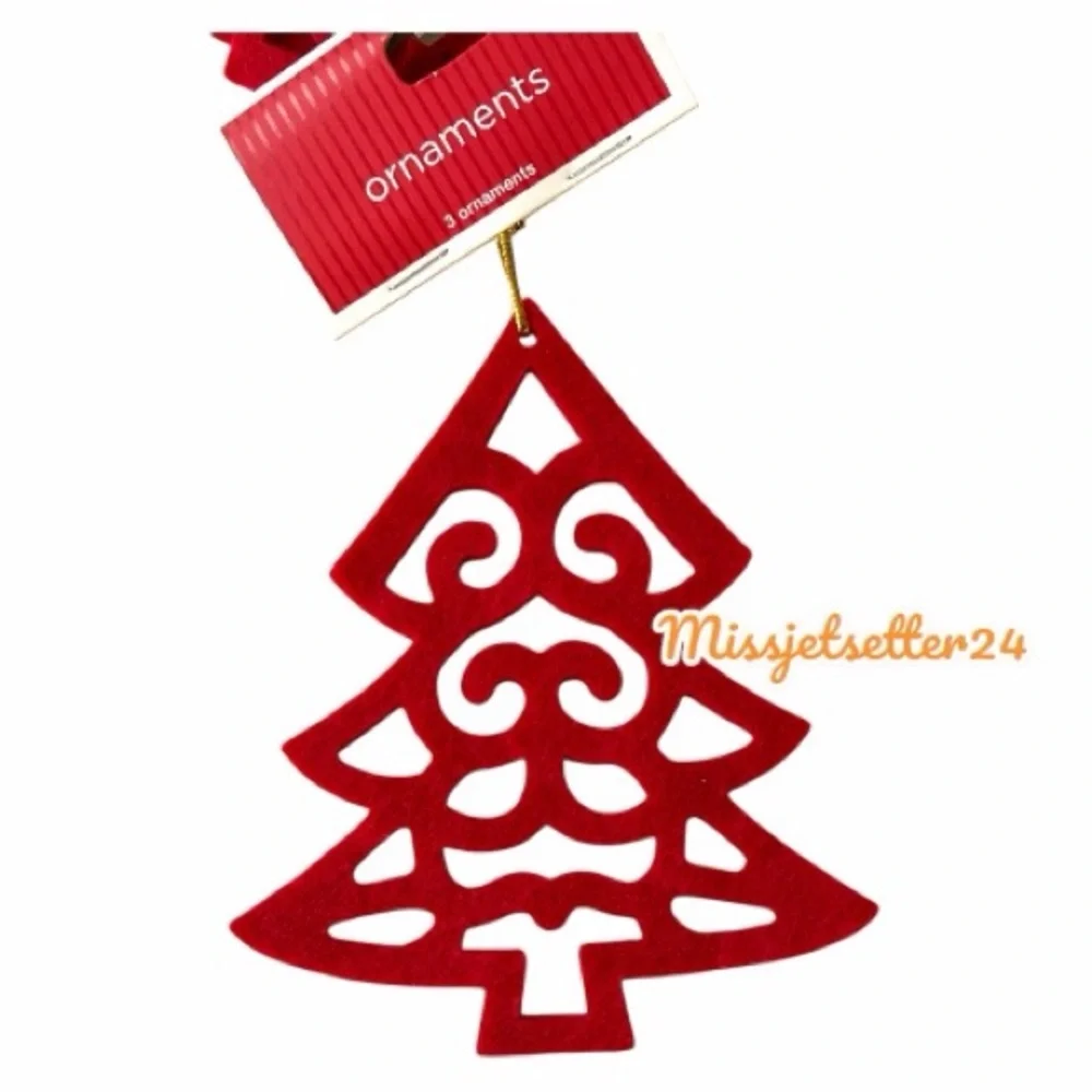 NWT Target Set of 3 Red Felt Cut Out Christmas Tree Ornaments On Gold String
